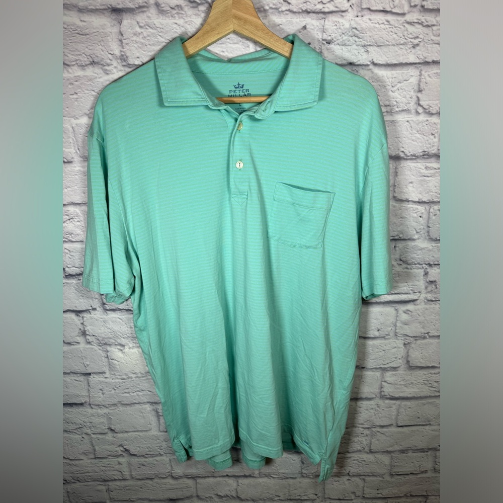 Peter Millar Seaside Wash Polo‎ Shirt Mens large Mint Green Striped Cotton Blend
